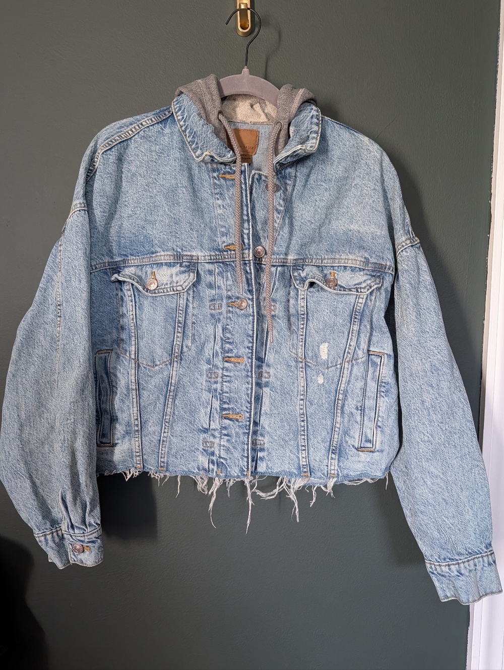 American Eagle Outfitters Distressed Light Blue Denim Jacket with Gray Hood
